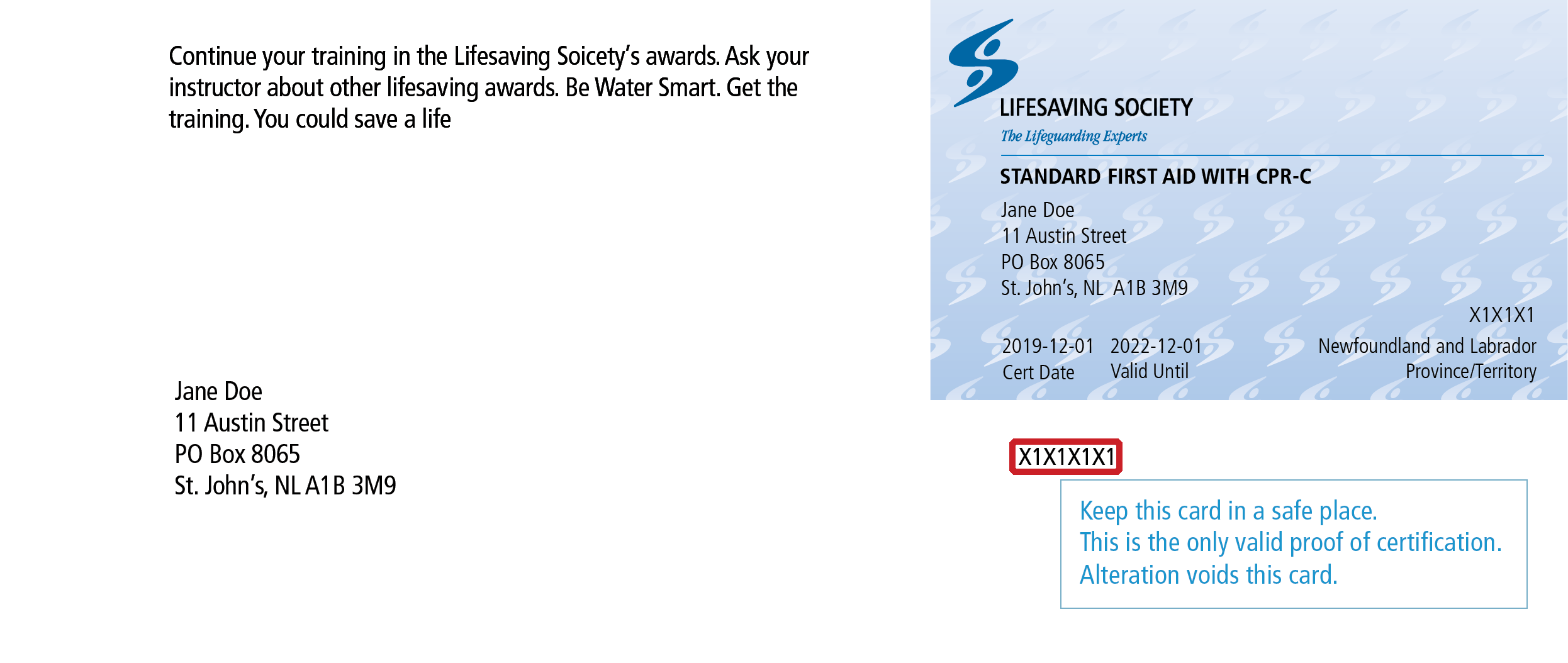 A picture of a Lifesaving Society certification card with an intact tear-away sheet that has the Web Access Code highlighted.